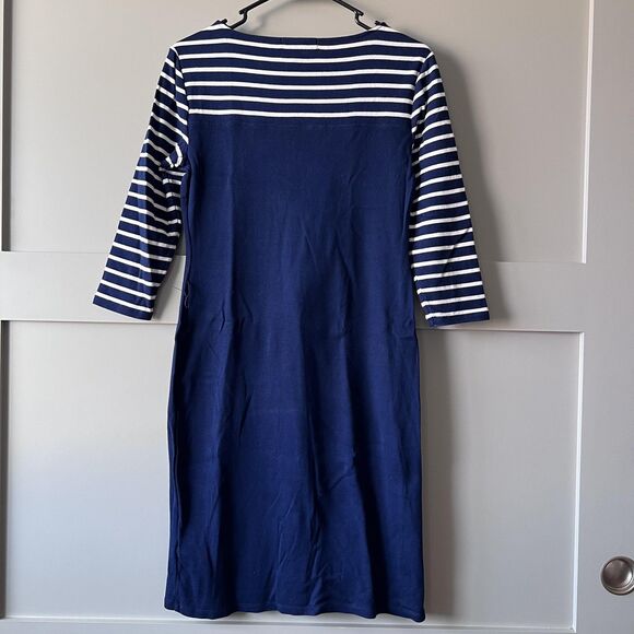 Lauren Ralph Lauren Dress Womens Medium Navy Stripe Button Shoulder Boatneck - Picture 2 of 14